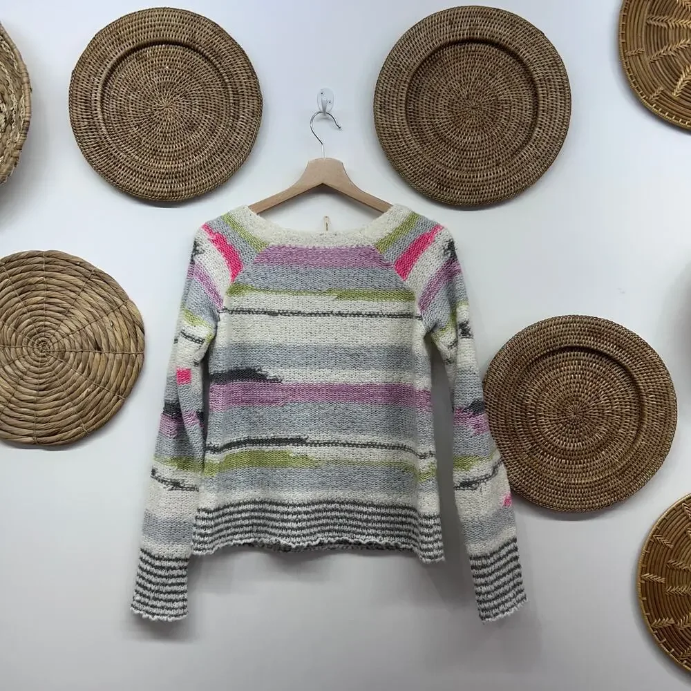 Vintage Y2K 2000s Free People Colorful Striped Knit Sweater XS Gray White Wool